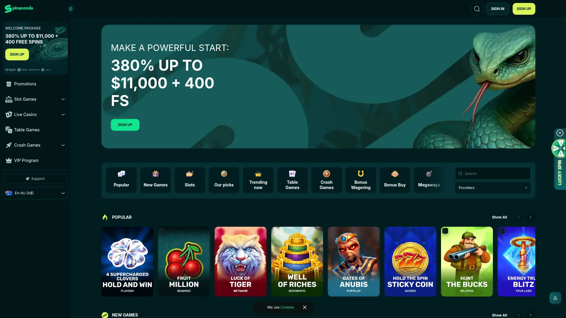 Spinaconda Casino desktop casino interface with casino categories and player support access